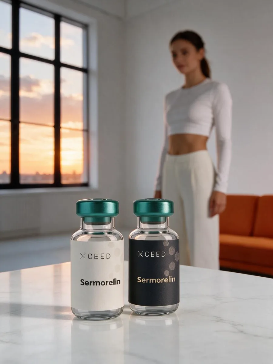 XCeed Sermorelin vials on a table in a bright, calm studio
